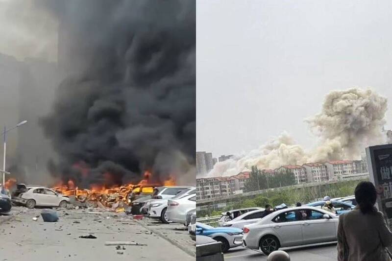 今山西省太原市一處居民社區驚傳大爆炸,現場冒出大量黑煙,許多車輛被焚毀,至少17傷。(圖擷自微博) 今山西省太原市一處居民社區驚傳大爆炸,現場冒出大量黑煙,許多車輛被焚毀,至少17傷。(圖擷自微博)