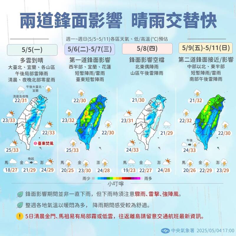 未來一週將有2波鋒面影響台灣。(中央氣象署提供) 未來一週將有2波鋒面影響台灣。(中央氣象署提供)