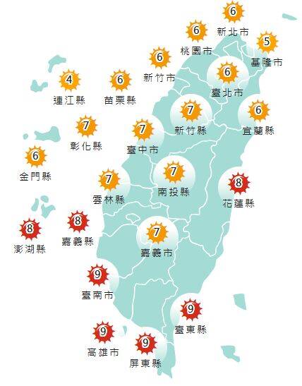 今日各地紫外線指數預報概況。(圖擷取自中央氣象署) 今日各地紫外線指數預報概況。(圖擷取自中央氣象署)