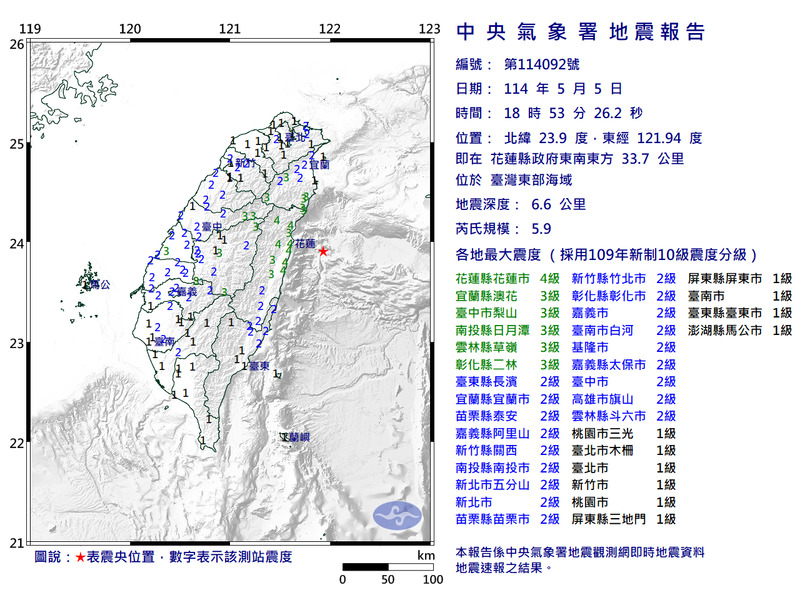台灣東部海域今午後18:53發生規模5.9地震，最大震度4級。（圖擷取自中央氣象署）