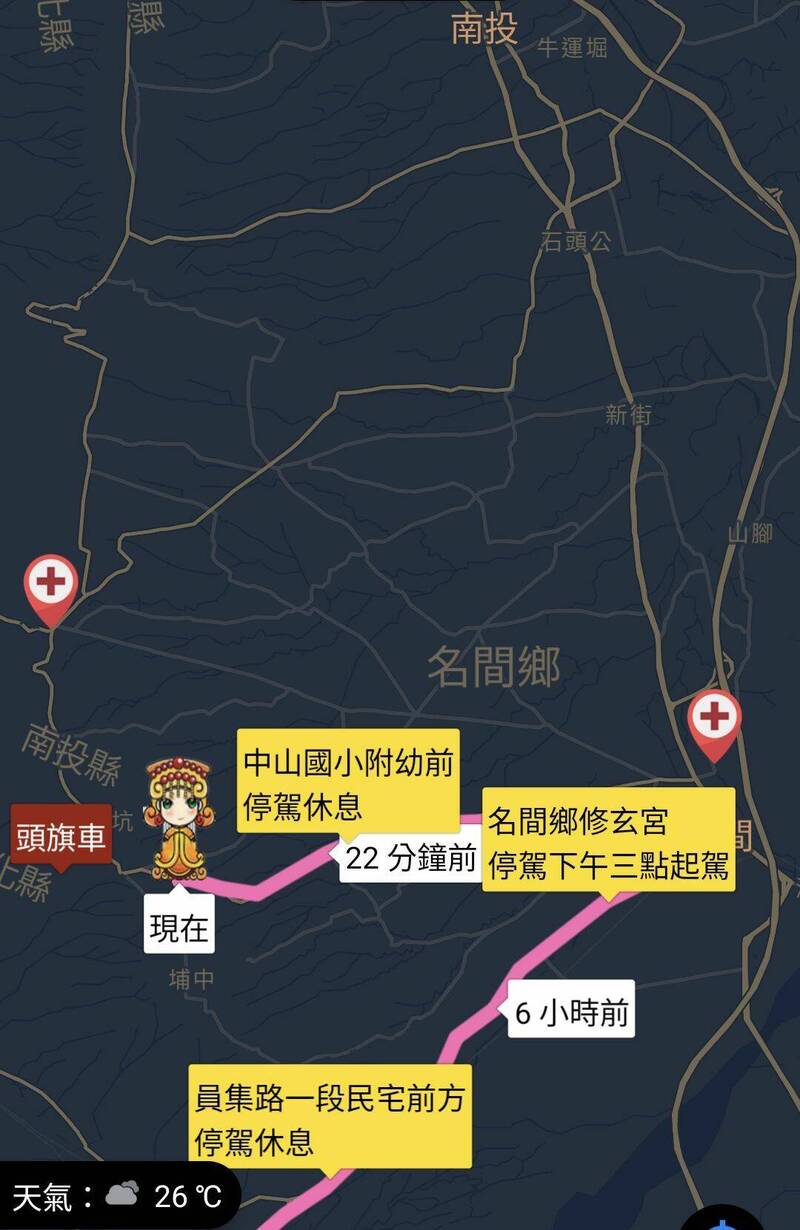 白沙屯媽祖進香回鑾首度進入南投縣，在名間就急轉彎往松柏嶺受天宮方向衝，還將與頭旗車會合。（記者劉濱銓翻攝）