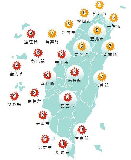 今日各地紫外線指數預報概況。(圖擷取自中央氣象署) 今日各地紫外線指數預報概況。(圖擷取自中央氣象署)