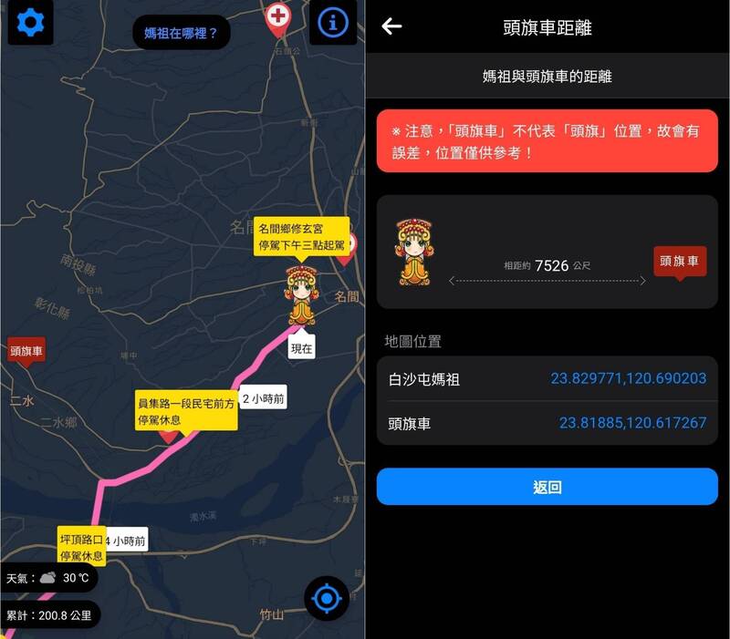 今上午白沙屯媽祖進人南投,更是200年來頭一遭。不過與此同時網友也熱議頭旗車該怎麼辦,因為走在前頭的頭旗車已先進入彰化縣,且歷來不能走回頭路,引發網友熱烈討論。(圖擷自白沙屯GPS) 今上午白沙屯媽祖進人南投,更是200年來頭一遭。不過與此同時網友也熱議頭旗車該怎麼辦,因為走在前頭的頭旗車已先進入彰化縣,且歷來不能走回頭路,引發網友熱烈討論。(圖擷自白沙屯GPS)