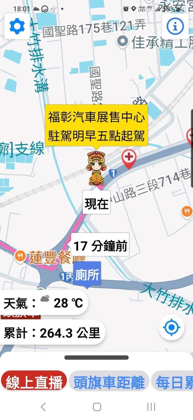 白沙屯媽今晚駐轎彰化市,明天清晨5點起駕,前往台中市。(圖擷取白沙屯媽直播) 白沙屯媽今晚駐轎彰化市,明天清晨5點起駕,前往台中市。(圖擷取白沙屯媽直播)
