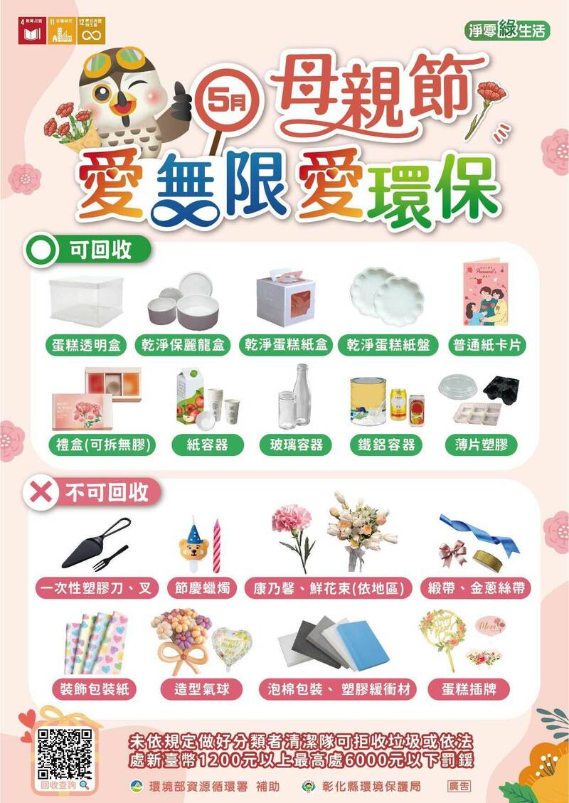 又到一年一度母親節,彰化縣環保局提醒民眾做好分類。(彰化縣政府提供) 又到一年一度母親節,彰化縣環保局提醒民眾做好分類。(彰化縣政府提供)