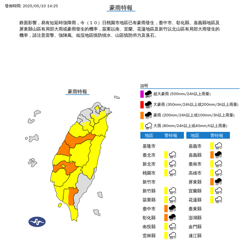 受梅雨鋒面靠近影響,今上午氣象署陸續發布豪、大雨特報及大雷雨即時訊息。氣象署下午持續對16縣市發布豪、大雨特報,提醒民眾注意。(擷取自氣象署) 受梅雨鋒面靠近影響,今上午氣象署陸續發布豪、大雨特報及大雷雨即時訊息。氣象署下午持續對16縣市發布豪、大雨特報,提醒民眾注意。(擷取自氣象署)
