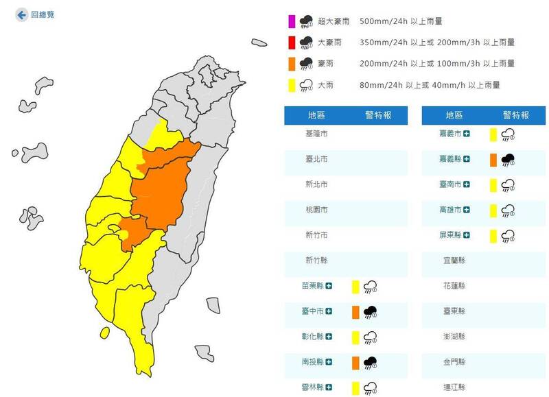 氣象署發布豪雨特報。(圖擷取自中央氣象署) 氣象署發布豪雨特報。(圖擷取自中央氣象署)