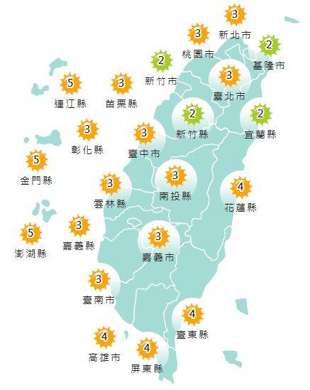 今日各地紫外線指數預報概況。(圖擷取自中央氣象署) 今日各地紫外線指數預報概況。(圖擷取自中央氣象署)