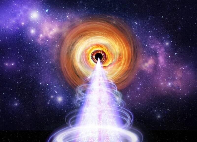 藝術家筆下的耀變體BL Lacertae：中央為超大質量黑洞，外有吸積盤環繞，並噴射出直指地球的高能噴流。NASA的IXPE衛星觀測此類天體，以探究其X射線來源。（圖：NASA/Pablo Garcia）