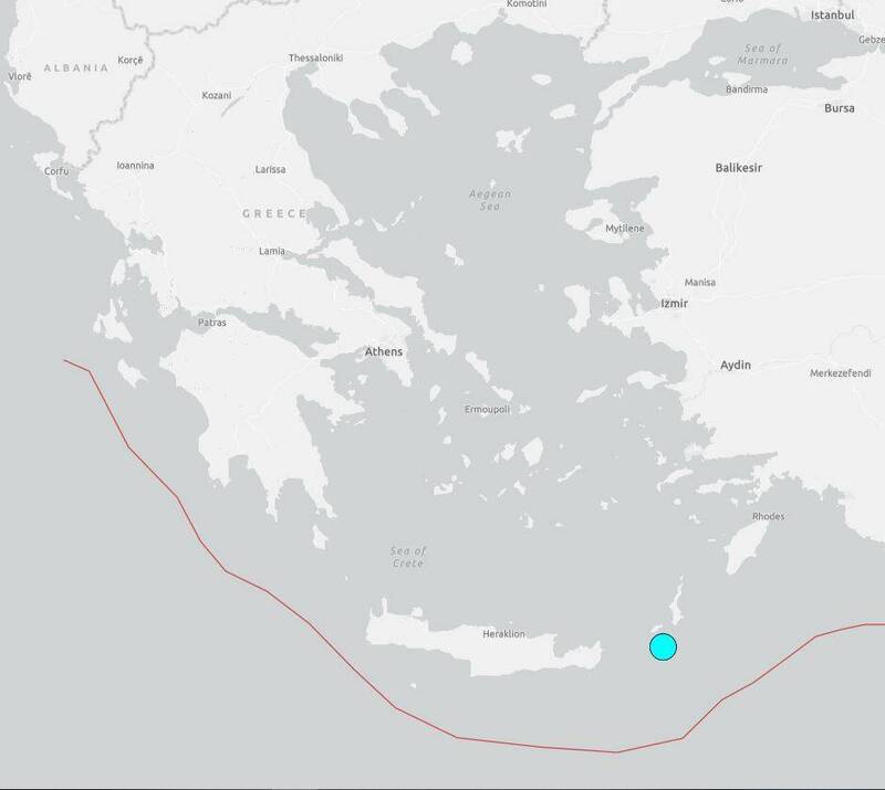 佐澤卡尼索斯群島位於希臘東南部，群島中的卡索斯島周邊14日凌晨發生規模6.3強震。（圖擷取自USGS官網）