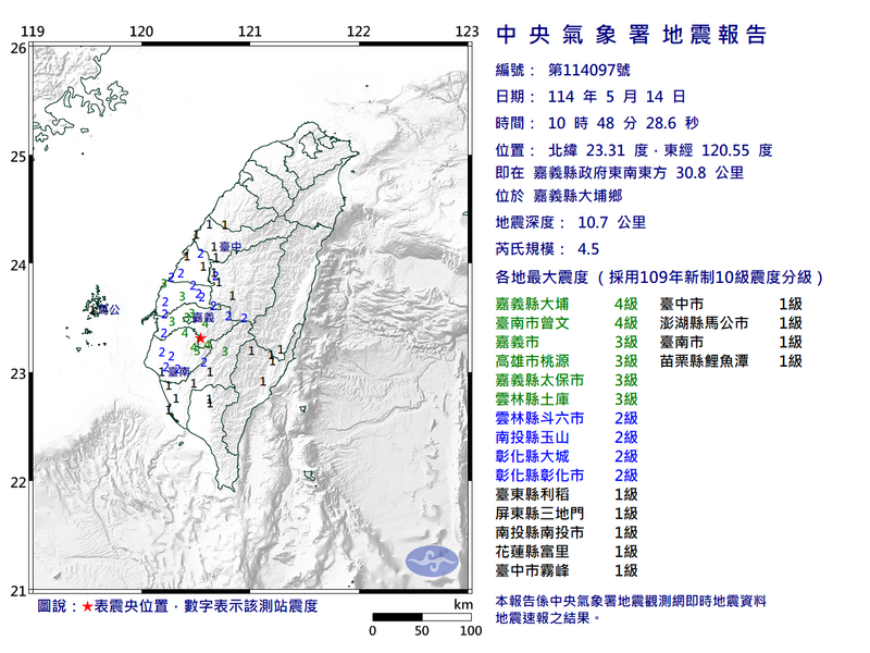 中南部地區在今(14日)上午10點48分發生一起有感地震。(圖擷自中央氣象署) 中南部地區在今(14日)上午10點48分發生一起有感地震。(圖擷自中央氣象署)