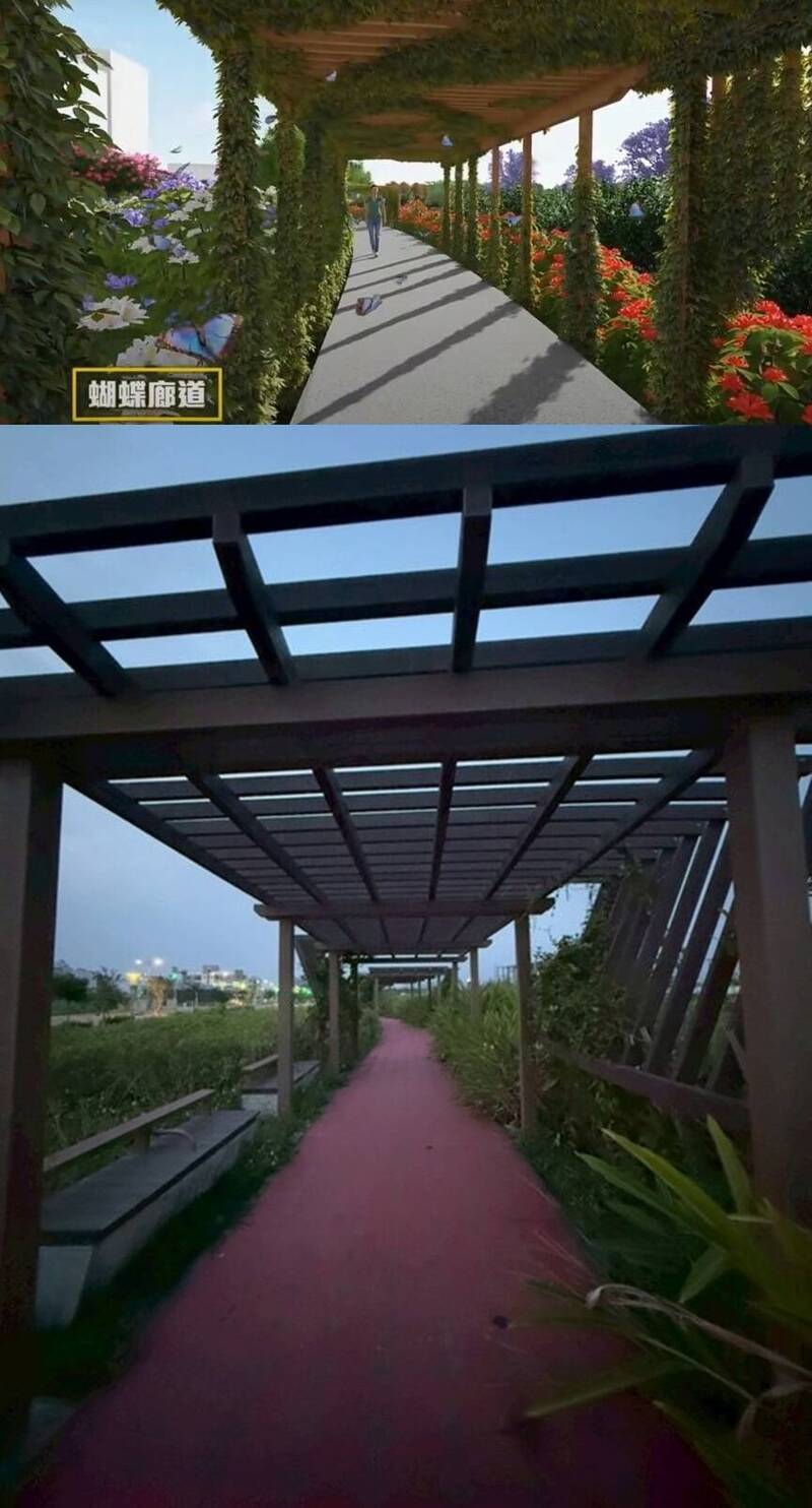 湖子內公園「蝴蝶廊道區」設計圖(上)與現場實際情形(下)有落差。(王浩提供) 湖子內公園「蝴蝶廊道區」設計圖(上)與現場實際情形(下)有落差。(王浩提供)