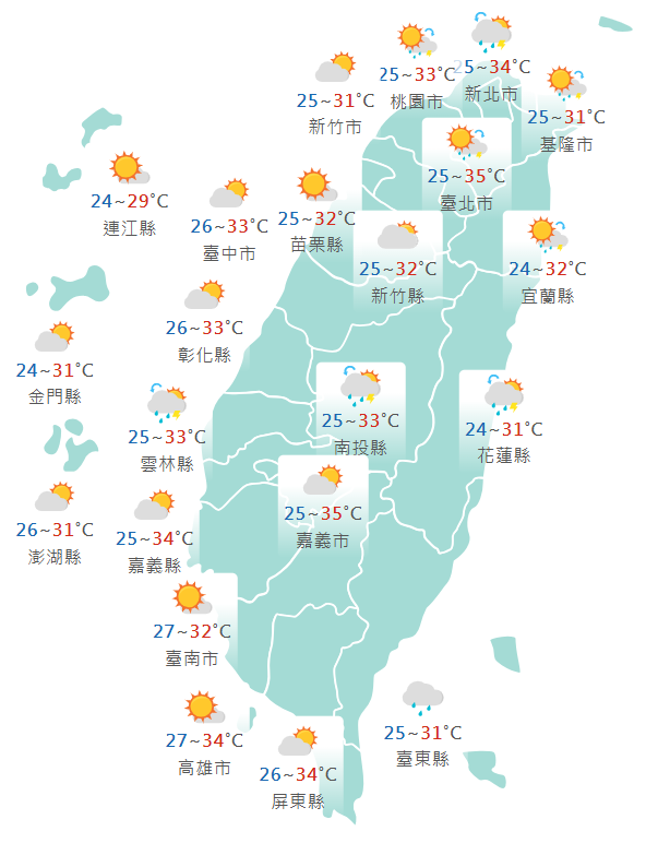 今日各地天氣預報概況。(圖擷取自中央氣象署) 今日各地天氣預報概況。(圖擷取自中央氣象署)