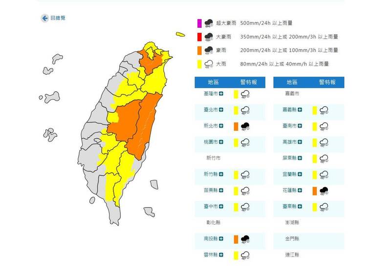中央氣象署針對「16縣市」發布豪、大雨特報。(圖擷取自中央氣象署官網) 中央氣象署針對「16縣市」發布豪、大雨特報。(圖擷取自中央氣象署官網)