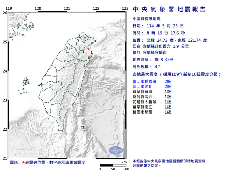 宜蘭市今晨08:19發生規模4.2地震,最大震度2級。(圖擷取自中央氣象署) 宜蘭市今晨08:19發生規模4.2地震,最大震度2級。(圖擷取自中央氣象署)