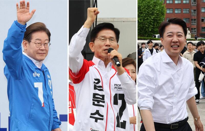 南韓國民力量候選人金文洙(中)25日稱,將爭取與改革新黨候選人李俊錫(右)整合。左為目前民調領先的共同民主黨候選人李在明。(歐新社資料照) 南韓國民力量候選人金文洙(中)25日稱,將爭取與改革新黨候選人李俊錫(右)整合。左為目前民調領先的共同民主黨候選人李在明。(歐新社資料照)