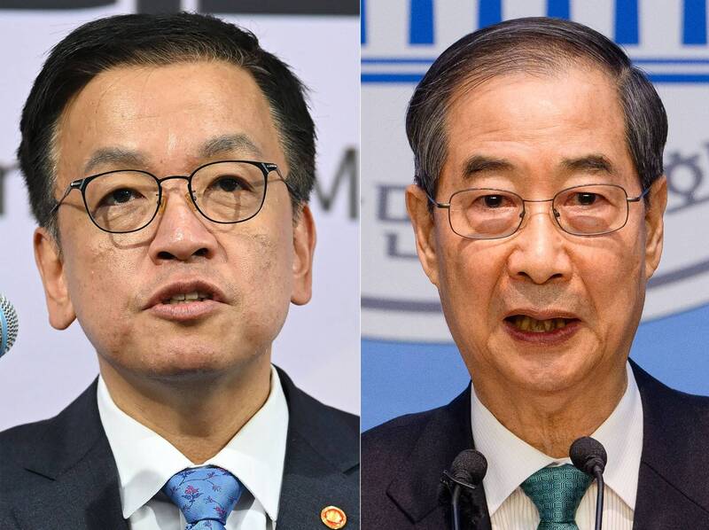 南韓前總理韓悳洙（右）及前經濟副總理兼企劃財政部長官崔相穆（左），涉內亂遭境管。（法新社）