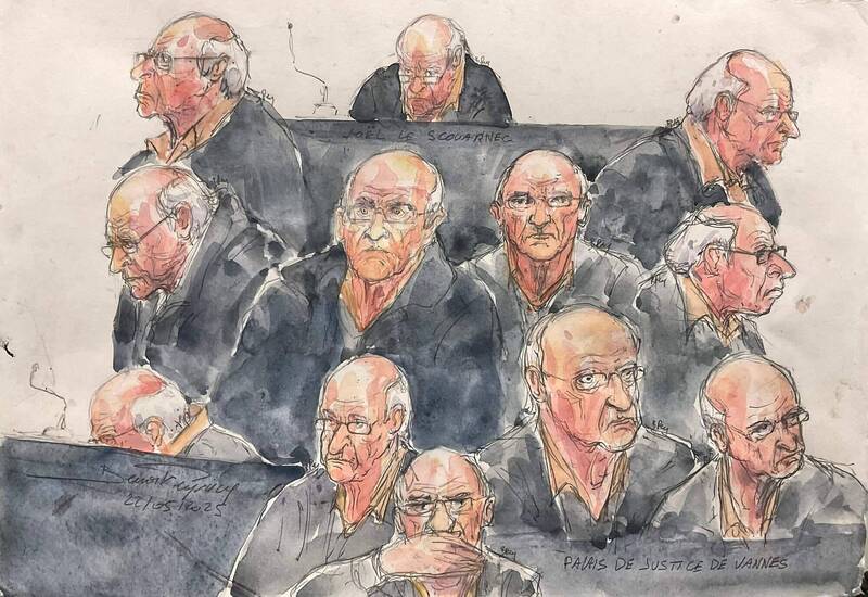 法國前外科醫師拉史考奈克出庭受審的多種神情側寫圖。(法新社)