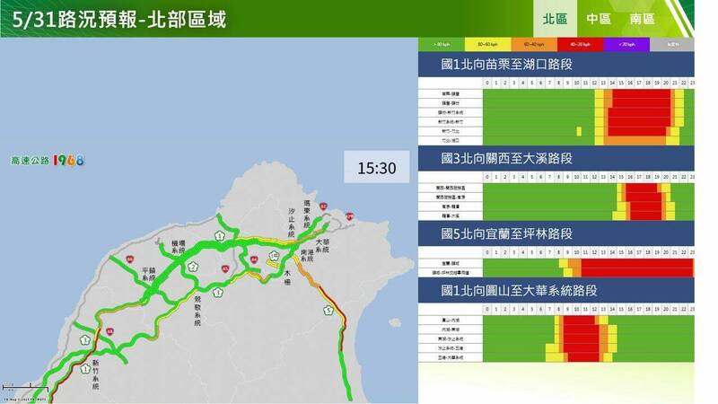 今天午後國道易塞車路段。北區北向。(高公局提供) 今天午後國道易塞車路段。北區北向。(高公局提供)