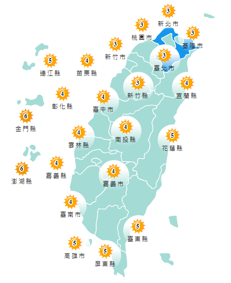 今日各地紫外線指數預報概況。(圖擷自中央氣象署) 今日各地紫外線指數預報概況。(圖擷自中央氣象署)