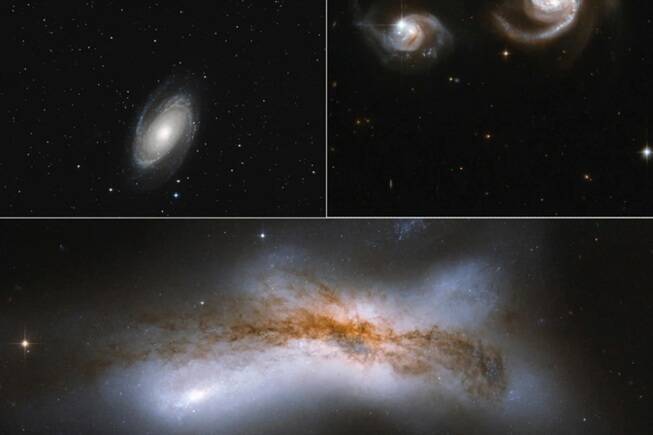 此組合影像呈現了銀河系與仙女座星系未來相遇的三種可能情景。左上圖:兩星系以100萬光年的距離擦身而過。右上圖:在50萬光年的距離時,暗物質的引力作用可能導致兩星系近距離接觸。下圖:若以10萬光年的距離接近,則可能導致碰撞。(美聯社) 此組合影像呈現了銀河系與仙女座星系未來相遇的三種可能情景。左上圖:兩星系以100萬光年的距離擦身而過。右上圖:在50萬光年的距離時,暗物質的引力作用可能導致兩星系近距離接觸。下圖:若以10萬光年的距離接近,則可能導致碰撞。(美聯社)