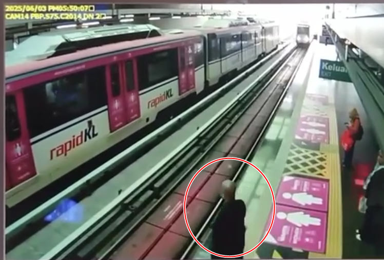 一名台灣男子近日馬來西亞雪蘭莪州一處輕軌車站不慎失足落軌，遭進站列車撞死，月台監視器畫面曝光。（圖翻攝自影片分享網站Dailymotion）