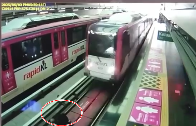 一名台灣男子近日馬來西亞雪蘭莪州一處輕軌車站不慎失足落軌，遭進站列車撞死，月台監視器畫面曝光。（圖翻攝自影片分享網站Dailymotion）