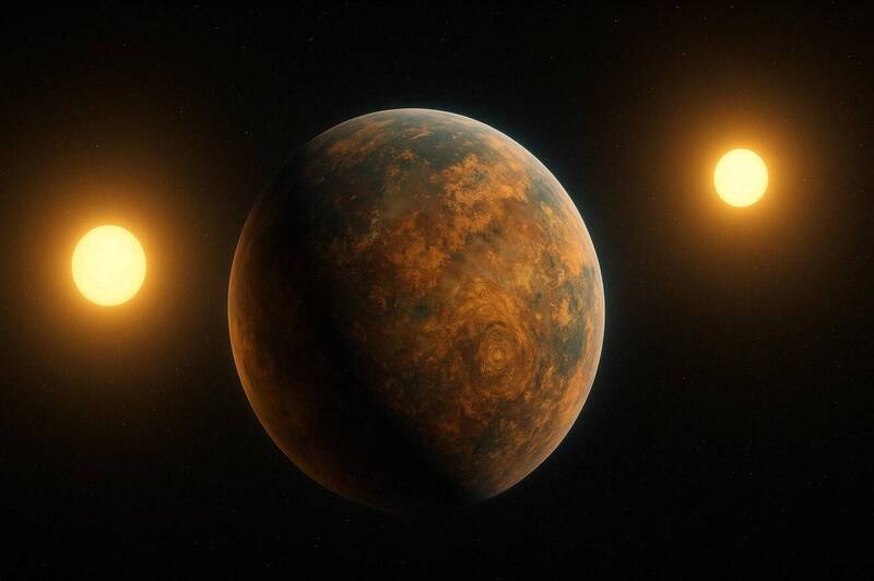 藝術家筆下的行星與雙星系統。天文學家新發現一顆行星,可能以近乎垂直的軌道繞行兩顆褐矮星。(圖取自SciTechDaily) 藝術家筆下的行星與雙星系統。天文學家新發現一顆行星,可能以近乎垂直的軌道繞行兩顆褐矮星。(圖取自SciTechDaily)