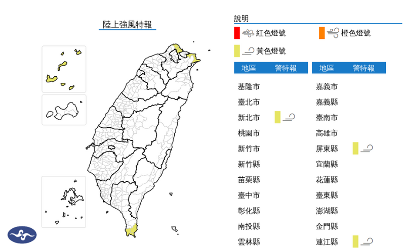 新北市、屏東縣、連江縣發布陸上強風特報,預計持續至10日晚上。(擷取自中央氣象署) 新北市、屏東縣、連江縣發布陸上強風特報,預計持續至10日晚上。(擷取自中央氣象署)