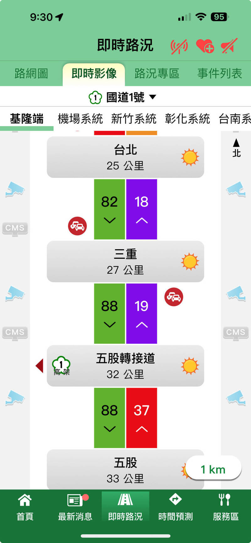 中山高北上24.2K三重、台北交界路段,今天上午尖峰時段連環車禍,造成後方回堵8公里,五股轉接道至台北間路段,車速不到20公里,在即時路況中呈現雍塞紫爆畫面。(記者吳仁捷翻攝) 中山高北上24.2K三重、台北交界路段,今天上午尖峰時段連環車禍,造成後方回堵8公里,五股轉接道至台北間路段,車速不到20公里,在即時路況中呈現雍塞紫爆畫面。(記者吳仁捷翻攝)
