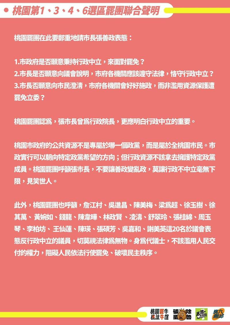 「桃園第一、三、四、六罷免團體聯合聲明」質疑桃園市長張善政行政不中立,「善政變亂政」?(擷取自陳曉煒臉書) 「桃園第一、三、四、六罷免團體聯合聲明」質疑桃園市長張善政行政不中立,「善政變亂政」?(擷取自陳曉煒臉書)