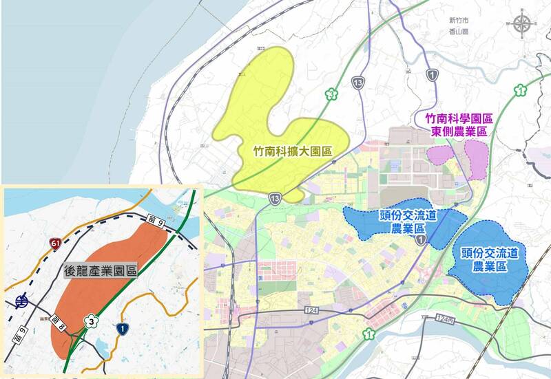 苗縣府於竹南、頭份及後龍地區規劃「竹南科東產業園區」、「擴大竹南科學園區」、「頭份交流道附近產業園區」及「後龍產業園區」等4處園區,爭取納入桃竹苗大矽谷計畫用地。(圖由縣府提供) 苗縣府於竹南、頭份及後龍地區規劃「竹南科東產業園區」、「擴大竹南科學園區」、「頭份交流道附近產業園區」及「後龍產業園區」等4處園區,爭取納入桃竹苗大矽谷計畫用地。(圖由縣府提供)