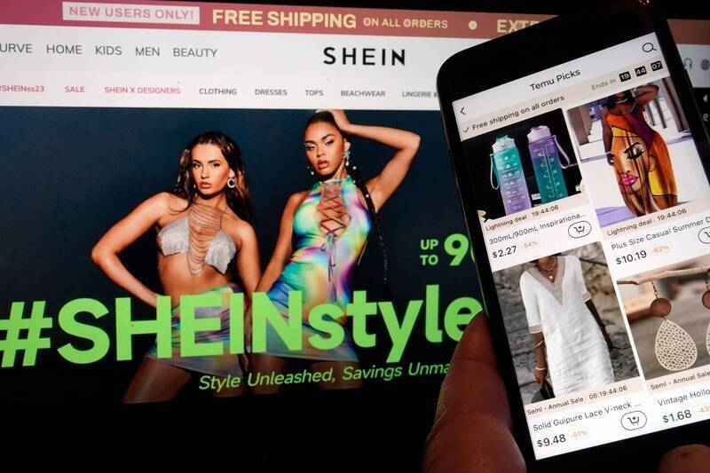 中國快時尚電商巨頭SHEIN(左)與TEMU(右,手機畫面)以極低價格和快速上市新模式席捲全球。(美聯社資料照)