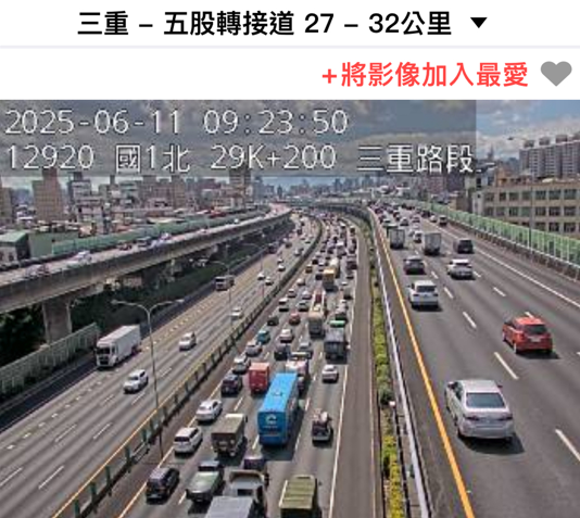 中山高北上24.2K三重、台北交界路段,今天上午尖峰時段連環車禍,造成後方回堵8公里,五股轉接道至台北間路段,車速不到20公里,在即時路況中呈現壅塞紫爆畫面。(記者吳仁捷翻攝) 中山高北上24.2K三重、台北交界路段,今天上午尖峰時段連環車禍,造成後方回堵8公里,五股轉接道至台北間路段,車速不到20公里,在即時路況中呈現壅塞紫爆畫面。(記者吳仁捷翻攝)