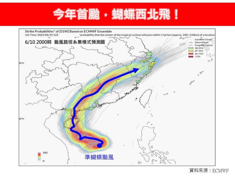 「林老師氣象站」指出,位於南海的熱帶性低氣壓「TD01」預估今日將再增強為西北太平洋的今年第1個颱風,強度將維持在輕度颱風至中度颱風之間。未來將先往西北,朝海南島方向前進,後轉北、到東北方向到中國登陸。(圖擷自臉書) 「林老師氣象站」指出,位於南海的熱帶性低氣壓「TD01」預估今日將再增強為西北太平洋的今年第1個颱風,強度將維持在輕度颱風至中度颱風之間。未來將先往西北,朝海南島方向前進,後轉北、到東北方向到中國登陸。(圖擷自臉書)