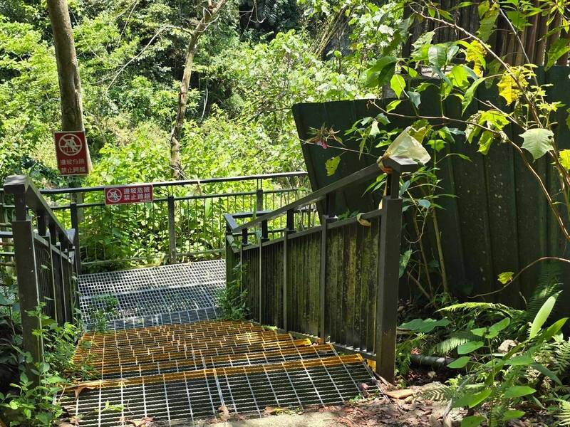 萬年峽谷鋼構步道護欄生鏽長青苔。（民眾提供）