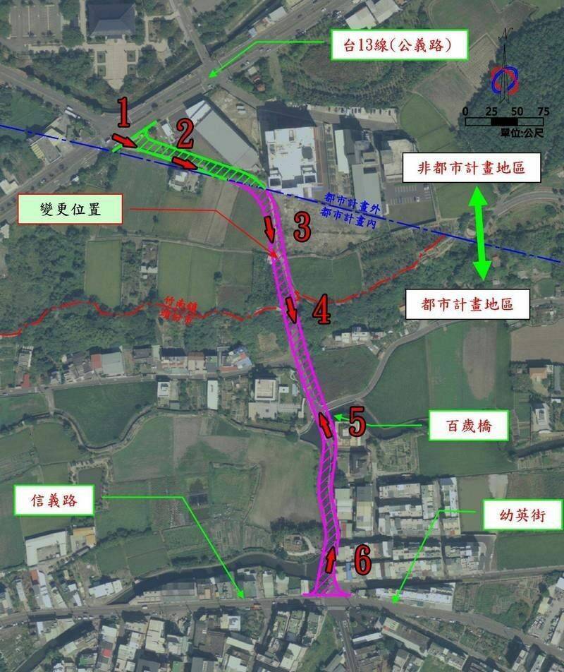 該新設都市計畫道路將把信義路690巷與竹南鎮公義路432巷連通,進而與竹南鎮公義路幹道(台13線)相接。(圖由縣府提供) 該新設都市計畫道路將把信義路690巷與竹南鎮公義路432巷連通,進而與竹南鎮公義路幹道(台13線)相接。(圖由縣府提供)