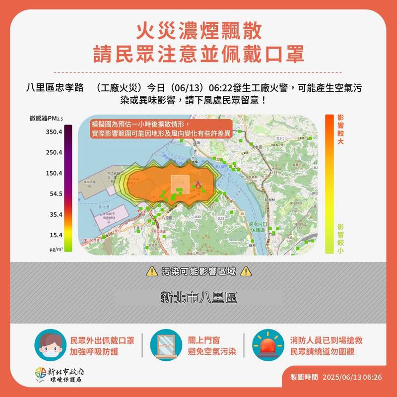新北市八里区忠孝路13日上午6点22分发生工厂火警,经模拟主要可能影响范围为新北市八里区。(新北市环保局提供) 新北市八里区忠孝路13日上午6点22分发生工厂火警,经模拟主要可能影响范围为新北市八里区。(新北市环保局提供)
