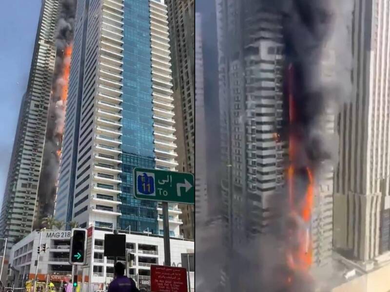 名列杜拜全國第19高的摩天大樓「老虎塔」在13日深夜發生大火，當地警消接獲通報，出動大批人力連續灌救6小時，才終於將火勢撲滅。（圖擷取自@stairwayto3dom、@nabilajamal_ 社群平台「X」，本報合成）