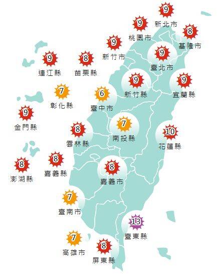 今日各地紫外線指數預報概況。(圖擷取自中央氣象署) 今日各地紫外線指數預報概況。(圖擷取自中央氣象署)