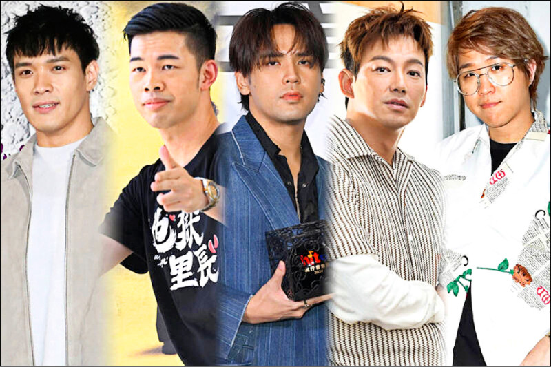 新北地檢署偵辦藝人王大陸逃兵案，李銓（左起）、陳大天、陳零九、威廉、大根都被起訴。（本報組合資料照）