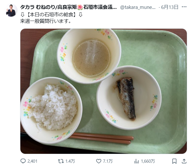 分享小學「超寒酸營養午餐」 日本議員惡意帶風向慘遭炎上