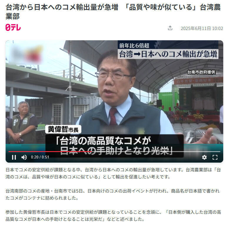 日本電視台(日本テレビ放送網)引用台南市長黃偉哲的發言表示,「很榮幸日方採購台灣優質米,能對日本有所幫助」。(台南市府提供) 日本電視台(日本テレビ放送網)引用台南市長黃偉哲的發言表示,「很榮幸日方採購台灣優質米,能對日本有所幫助」。(台南市府提供)
