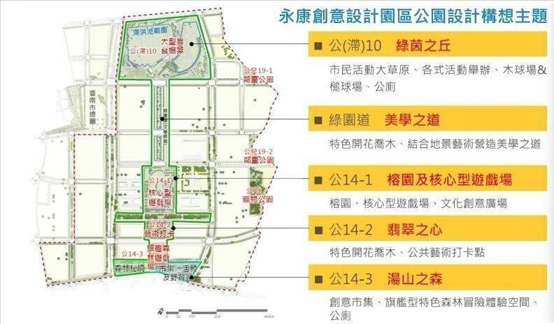 永康砲校搬遷後，原址的公園綠地初步規劃內容。（南市地政局提供）