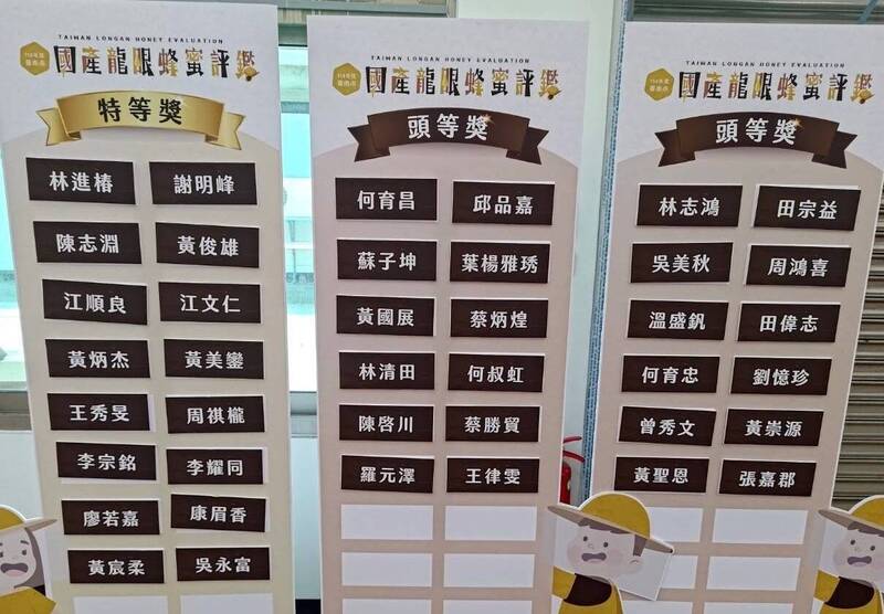 台南114年國產龍眼蜂蜜評鑑得獎名單。(南市農業局提供) 台南114年國產龍眼蜂蜜評鑑得獎名單。(南市農業局提供)