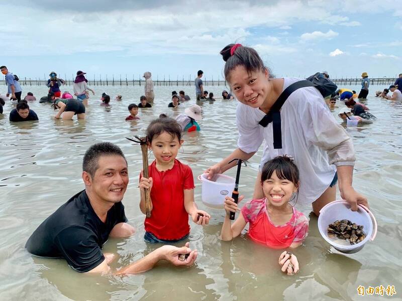 七股海鮮節的觀光赤嘴園開幕,遊客下水挖文蛤開心。(記者楊金城攝) 七股海鮮節的觀光赤嘴園開幕,遊客下水挖文蛤開心。(記者楊金城攝)
