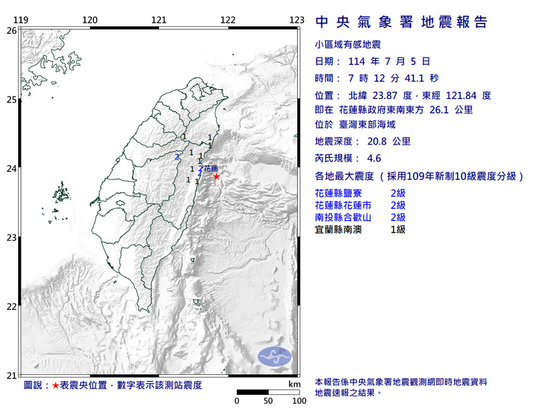 台灣東部海域今晨7點12分發生規模4.6地震，最大震度2級。（圖擷取自中央氣象署）
