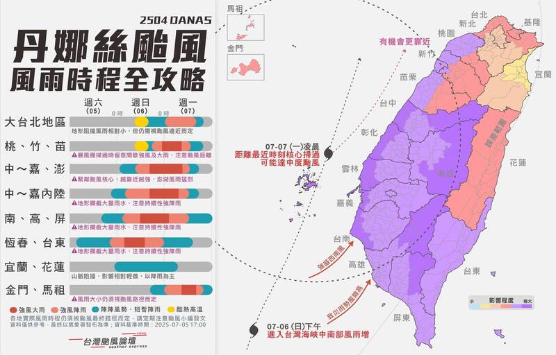 「台灣颱風論壇|天氣特急」貼心製圖,列出全台各地風雨時程。(取自「台灣颱風論壇|天氣特急」) 「台灣颱風論壇|天氣特急」貼心製圖,列出全台各地風雨時程。(取自「台灣颱風論壇|天氣特急」)