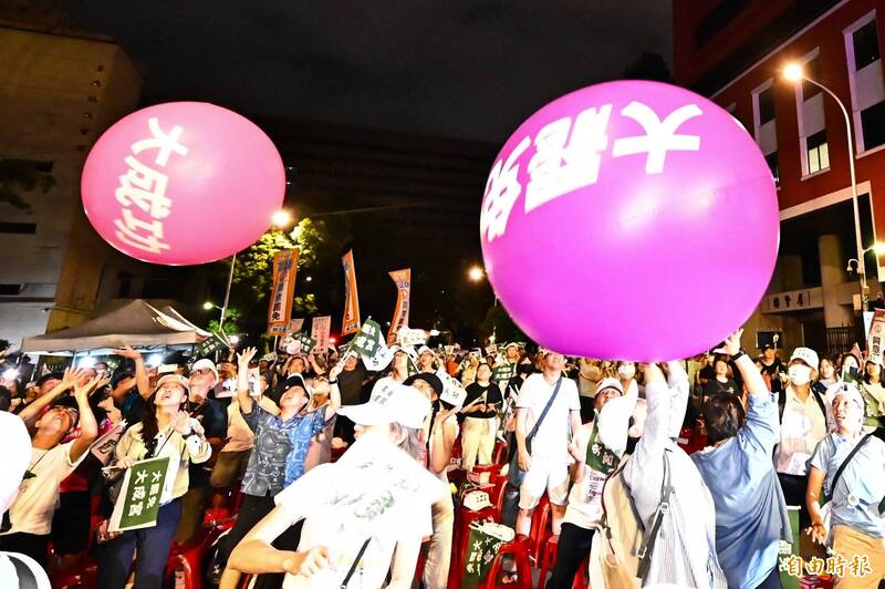 反共護台志工聯盟5日舉辦「罷免是愛,反共護台」公民開講晚會,觀眾合力推動「大罷球、大成功氣球」。(記者塗建榮攝) 反共護台志工聯盟5日舉辦「罷免是愛,反共護台」公民開講晚會,觀眾合力推動「大罷球、大成功氣球」。(記者塗建榮攝)