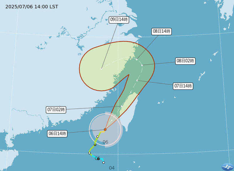 中央氣象署7月6日下午2點發布颱風丹娜絲路徑預測。（圖由中央氣象署提供）